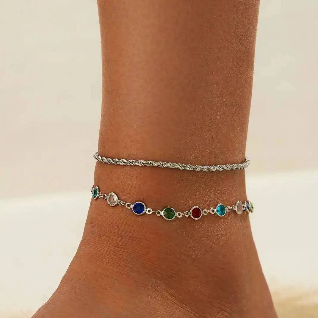 Ingemark Y2K Boho Colorful Crystal Chain Anklet for Women Summer Beach Trendy Exquisite Barefoot Ankle Bracelet Leg Jewelry Gift