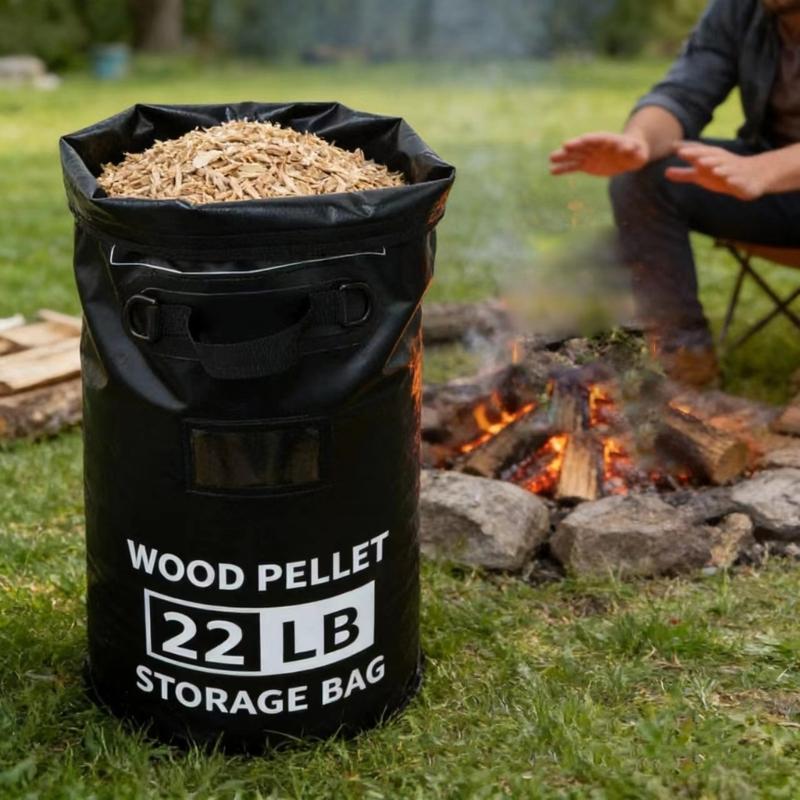 Smoker Pellet Storage Bag, 22-Pound Capacity with Front and Lower Handholds, Rolled Opening, and Label Window for Controlled Pouring into Barbecue