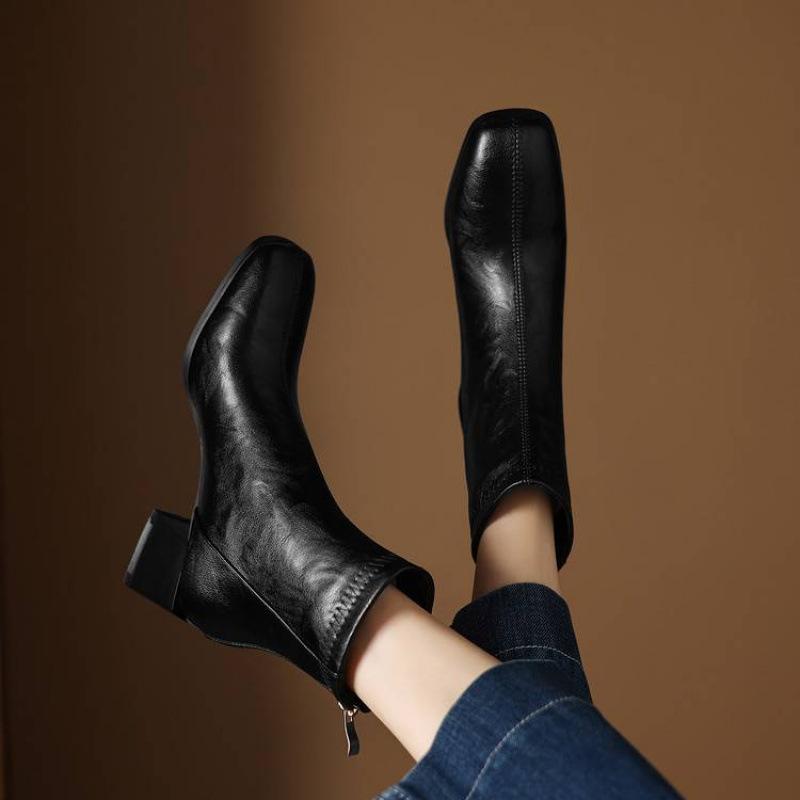 Autumn and winter solid color leather medium boots rear zipper medium heel large size women's boots square heel comfortable leather boots new f