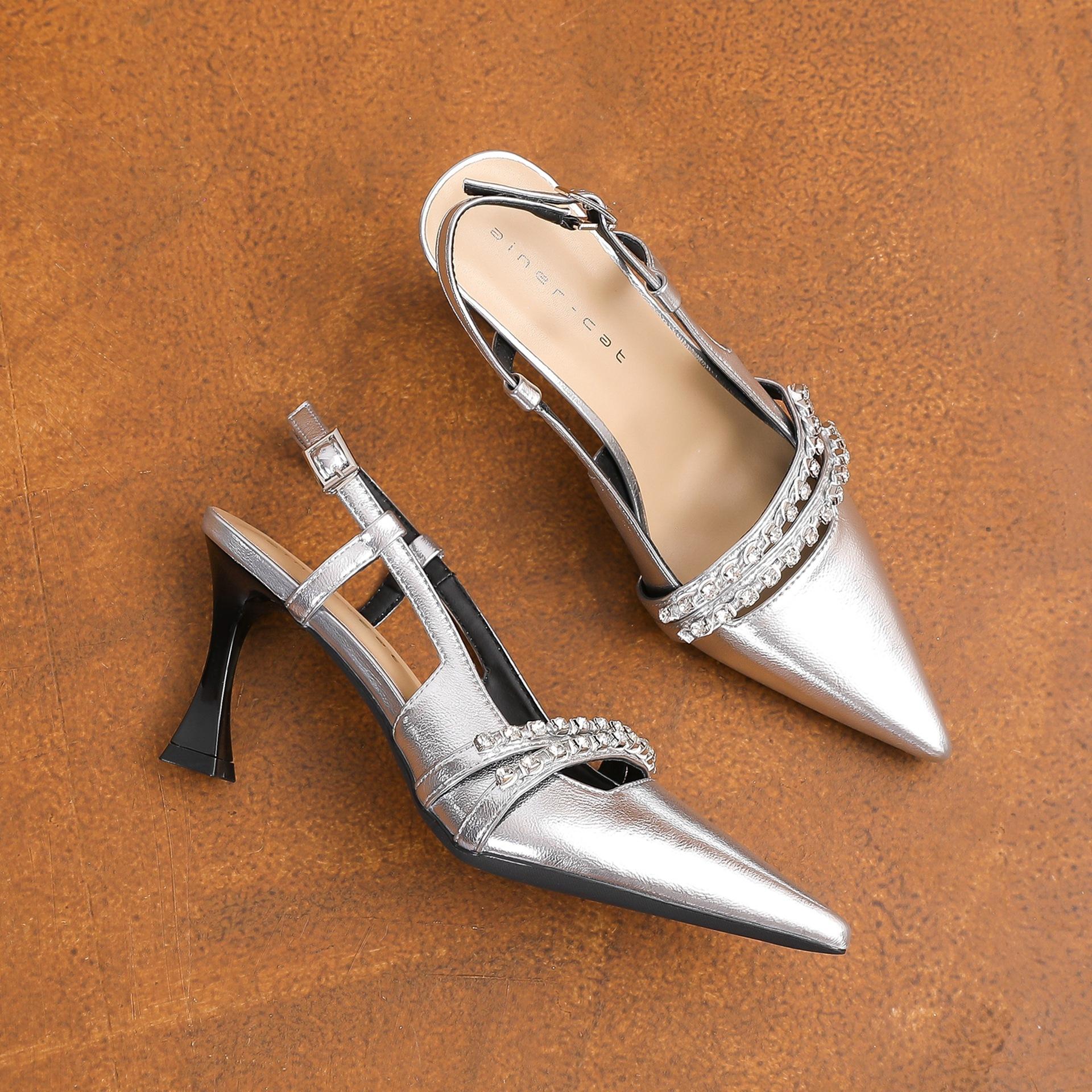 

73225 [овчина] туфли на высоком каблуке женские стилет 2025 новые с открытой пяткой и сандалиями острый носок стразы одинарные туфли 39