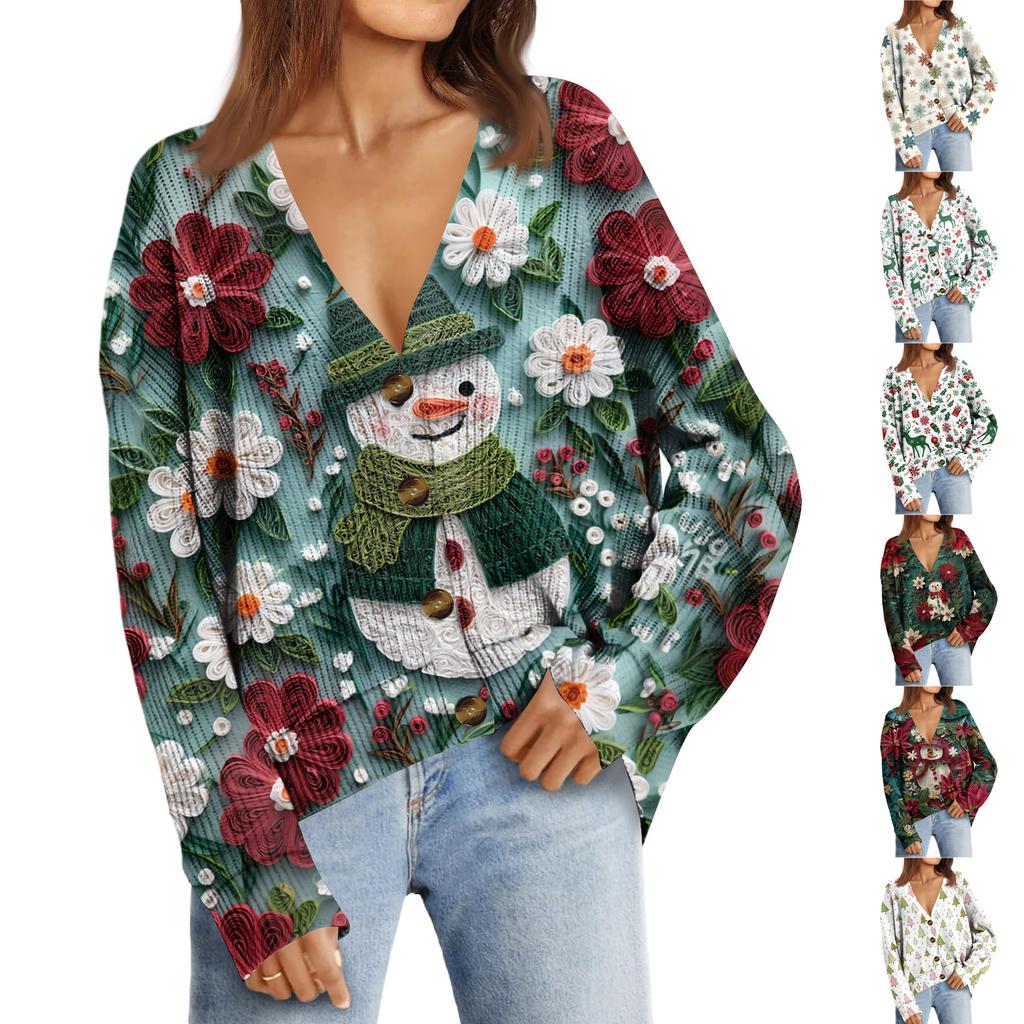 Women's Fashion Long Sleeve Print V-Neck Button Loose Cardigan Top