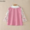ZANZEA Women Lace Splice Doll Collar Casual Floral Print Half Sleeve Blouse