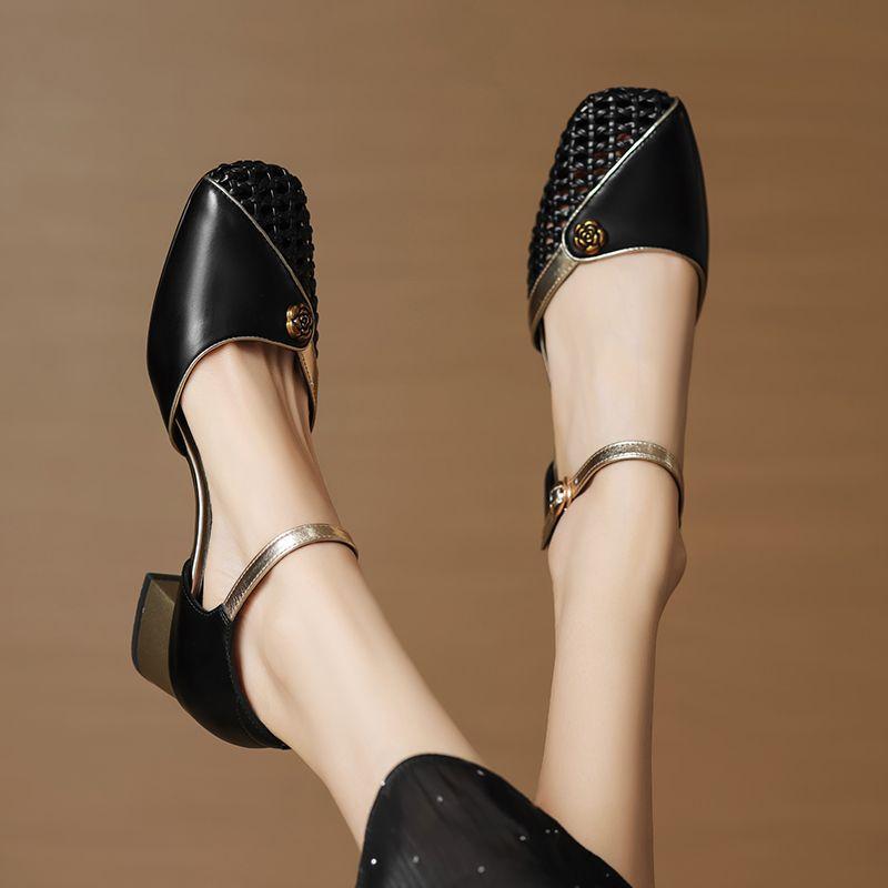 Hollow breathable bag head sandals women's summer outer wear fashion medium heel thick heel square head hollow single shoes soft sole advanced sense