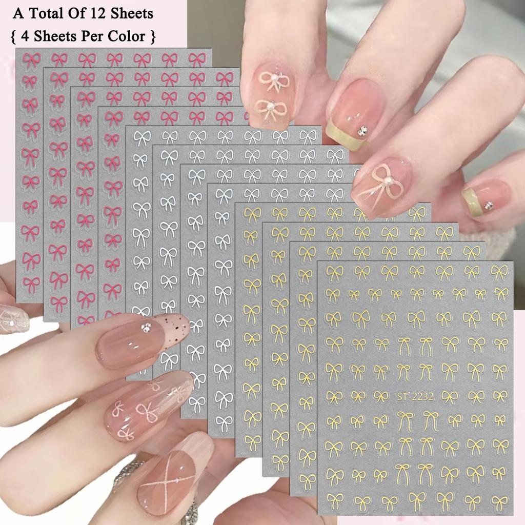2 To 30 Sheets Transparent Bow Nail Stickers 3D White Pink Black Gold Lace Ribbon Nail Art Decals for DIY Manicure
