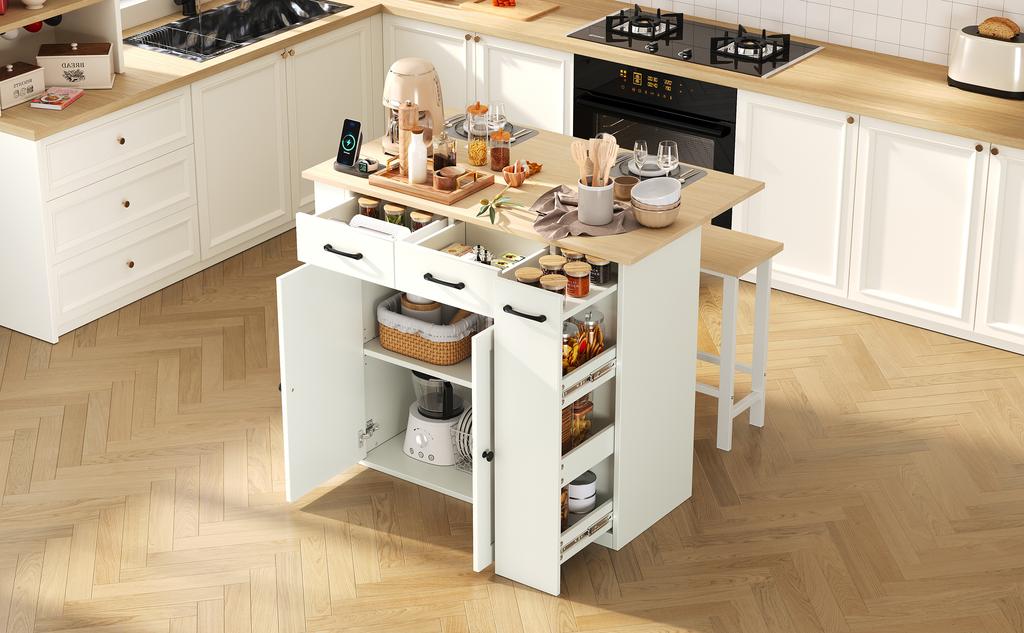 Isola Cucina Estendibile con Zona Pranzo, Mensole Regolabili e Cassetti, con Prese Elettriche e Due Sedie, Ideale per Cucina e Sala da Pranzo (bianca)