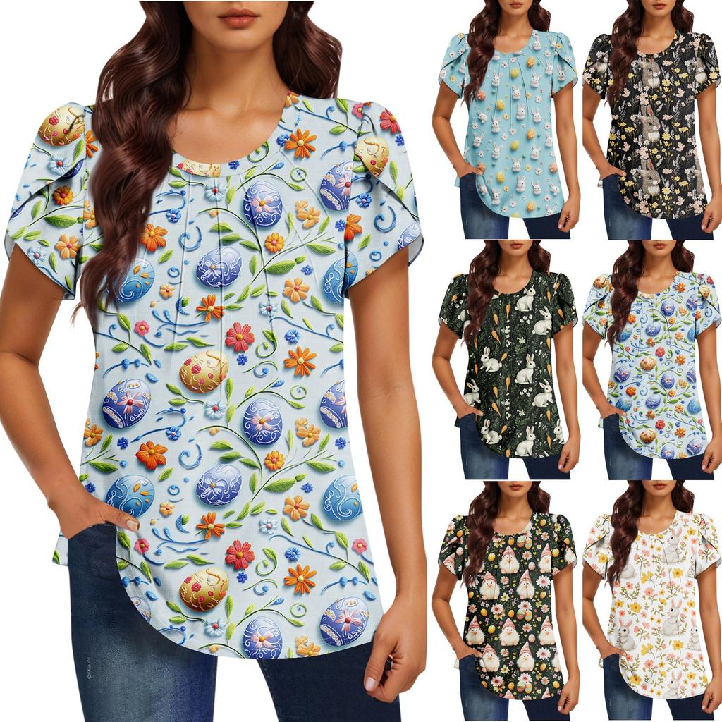 Women's Fashionable Round Neck Short Sleeve Printed Casual Basic Pleated Pullover T-shirt Top