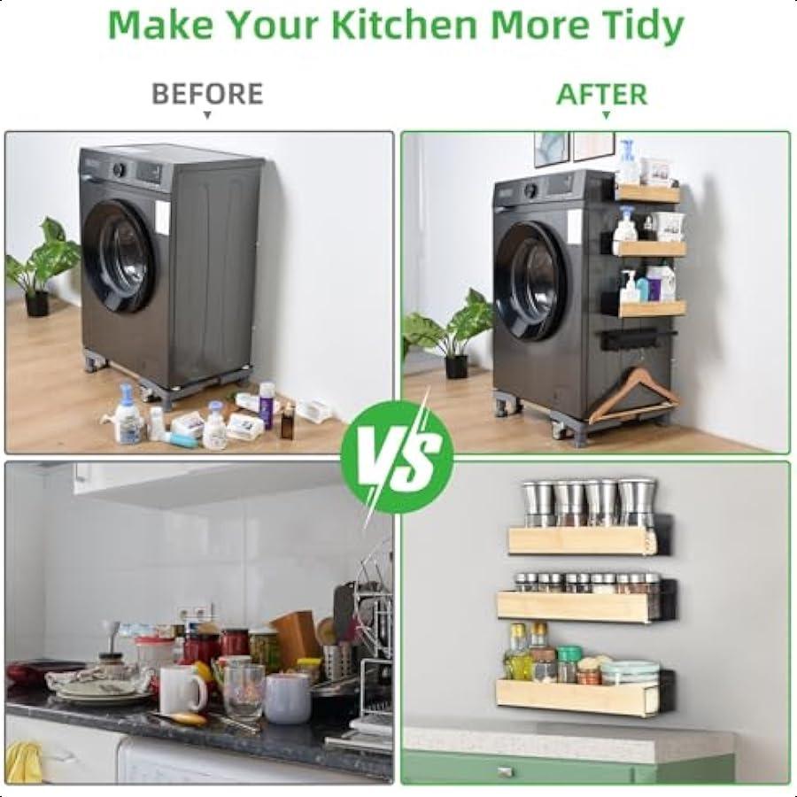 4 Pack Strong Magnetic Spice Rack for Refrigerator Wood and Metal Magnetic Shelf for Fridge Spice Storage Rack Kitchen Cabinet