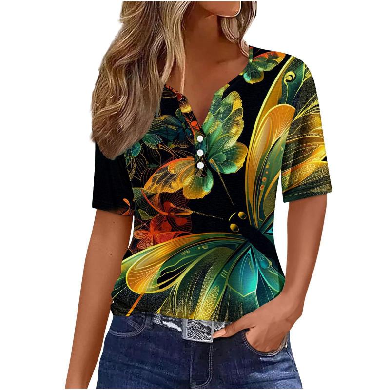Summer Fashion 2026 New Women's Clothing 3D Butterfly Print V-Neck Three-Button Short Sleeve T-Shirt