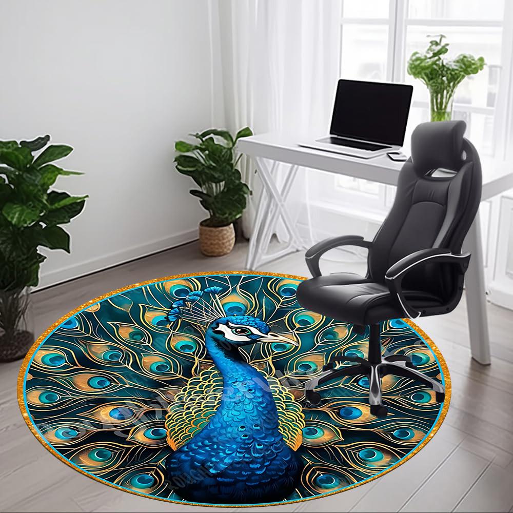 1pc Peacock Feather Art Chair Carpet for Office, Round Non Slip Durable Large Size Office Carpet, Suitable for Office