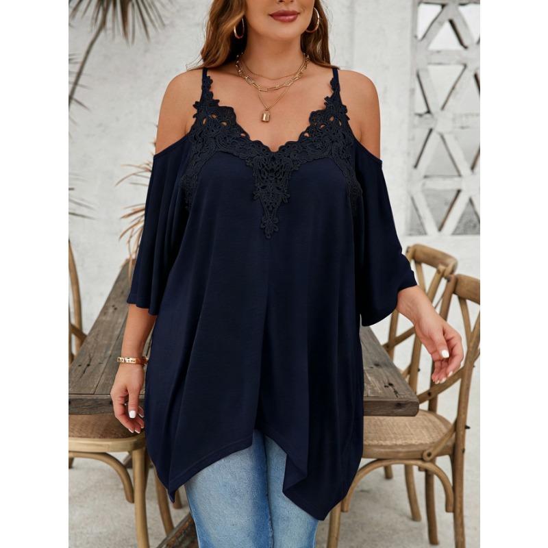 Women Loose Casual Lace Collar Floral Patchwork Off Shoulder Camisole Asymmetrical Hem T Shirt
