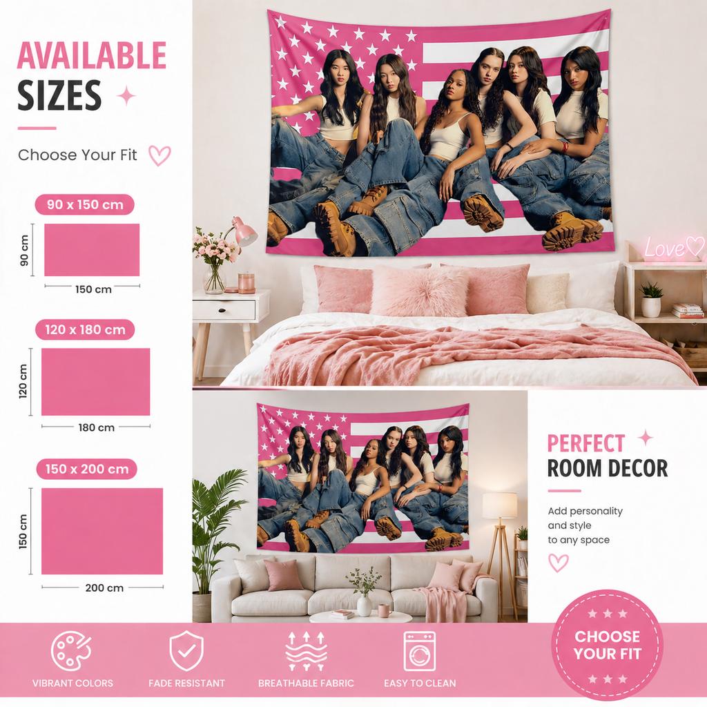 Stile KpopRagazza K-KatsyGruppo Rosa Bandiera Americana Arazzo Stampa Piatta Appeso a Parete per Fan di Musica Stanza Studio Camera da Letto Decorazione Estetica