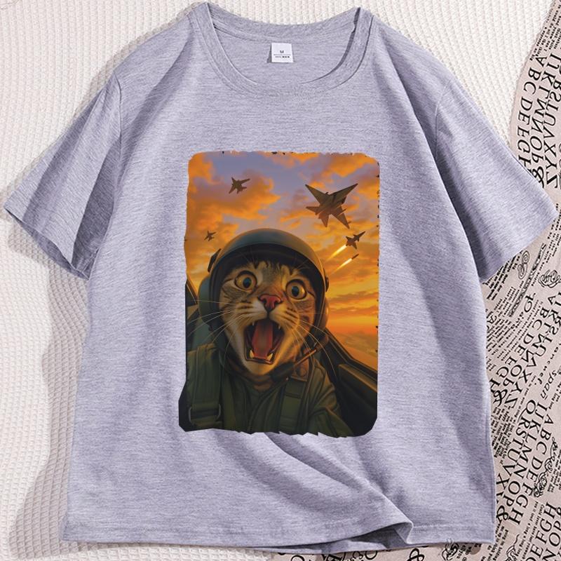 Cat Fighter Pilot T Shirt Funny Cat Selfie Meme Tee Shirt Jet Fighter Cat Tshirt Humor Cotton Short Sleeve Round Neck Tees