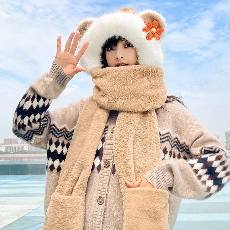 Cartoon Welpen Plüschmütze mit Schal und Handschuhen Set - Langohr-Design