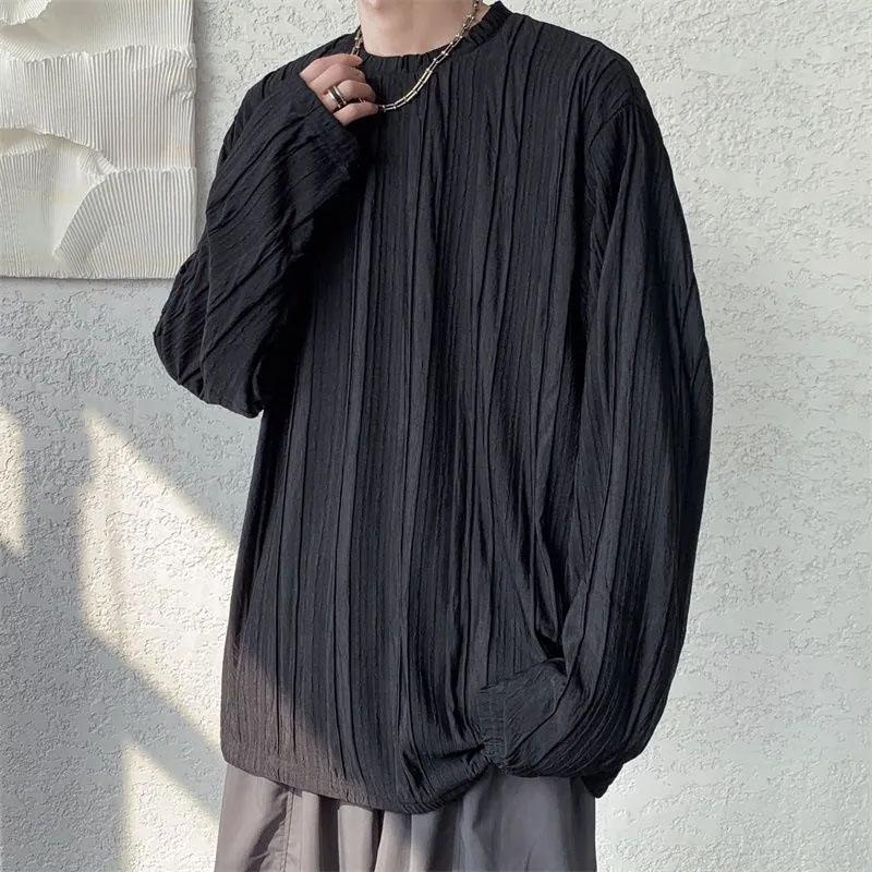 Pleated Long-sleeved T-shirt Men's Temperament Ins Trend Drape Loose Casual Round Neck Early Spring Top