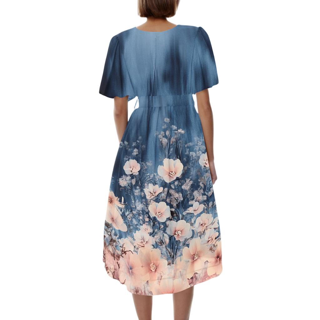 Women’s Short Sleeve V Neck Floral Print Midi Dress with High Waist and Flared Hem for Casual or Daily Wear