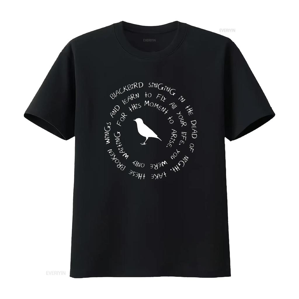 Blackbird Singing In The Dead of Night Bird Lyrics T Shirt Vintage Washed Unisex Stretched Casual Top For Everyday Wear Fashion