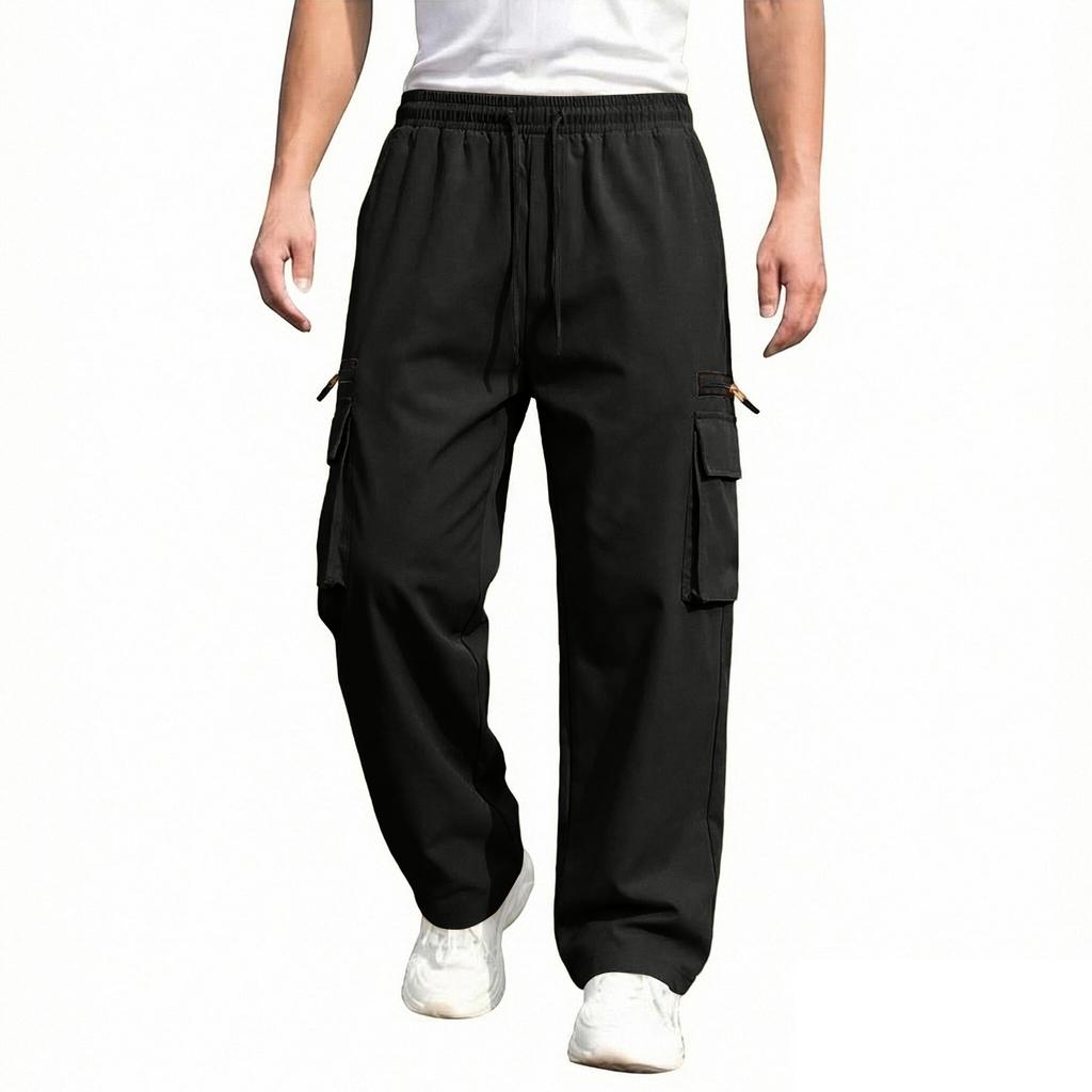 Men's Multi Pocket Work Pants Casual Loose Fit Utility Trousers with Drawstring Waist Durable Material for Daily Wear
