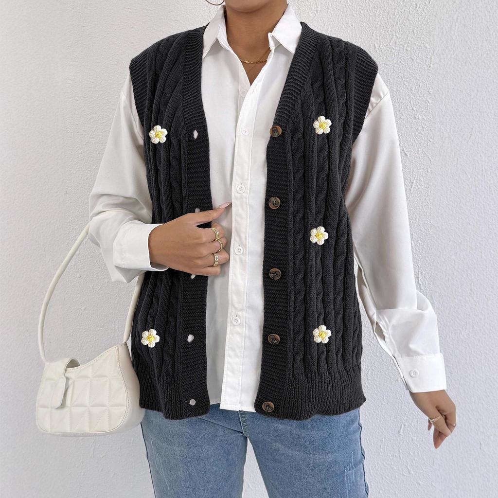 Women's Knitted Cardigan for Autumn and Winter Casual Outerwear, Vest, Twisted Sweater, Three-dimensional Flower Patchwork Vest