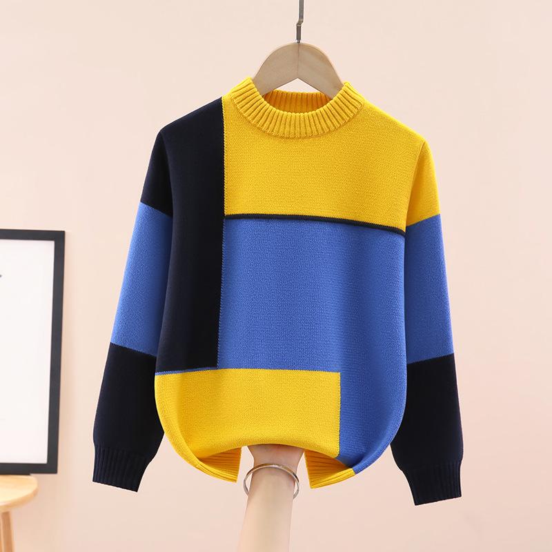 Chłopięcy bawełniany sweter z okrągłym dekoltem w blokach kolorystycznych - z podszewką polarową, gruby dzianinowy na jesień/zimę.