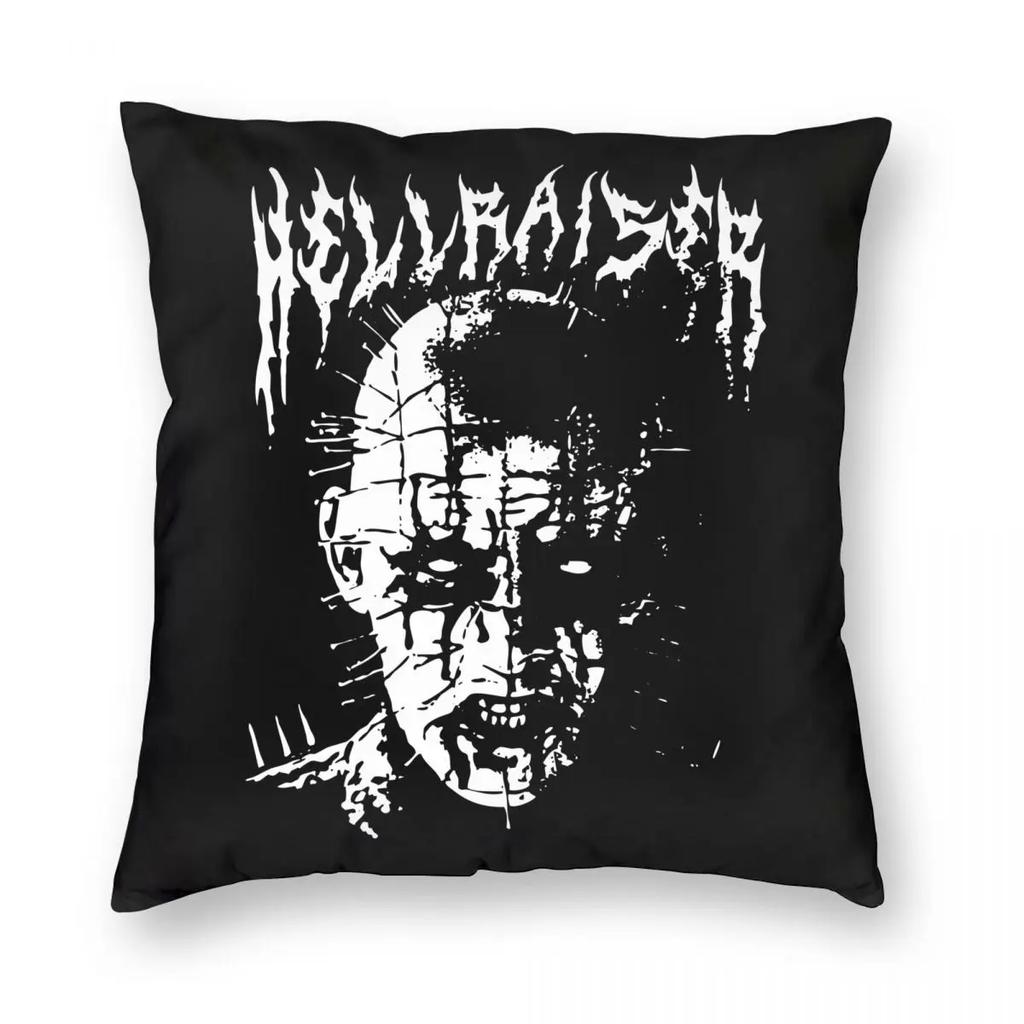 Kissenbezug mit schwarzem Metallmotiv „Pinhead Hellraiser“ – Dekoration für Halloween-Horrorfilme – Zuhause