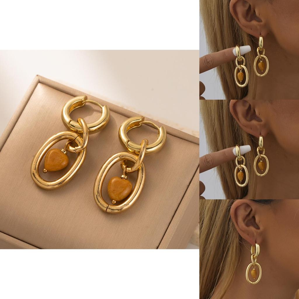 Trendy Heart Design Natural Stone Earrings With Gold Plating