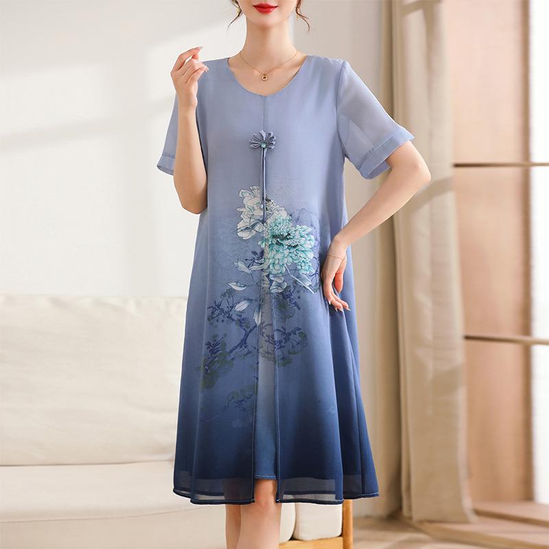 Elegant Chiffon Qipao Dress for Middle-Aged Women - Stylish Mid-Length Summer Design