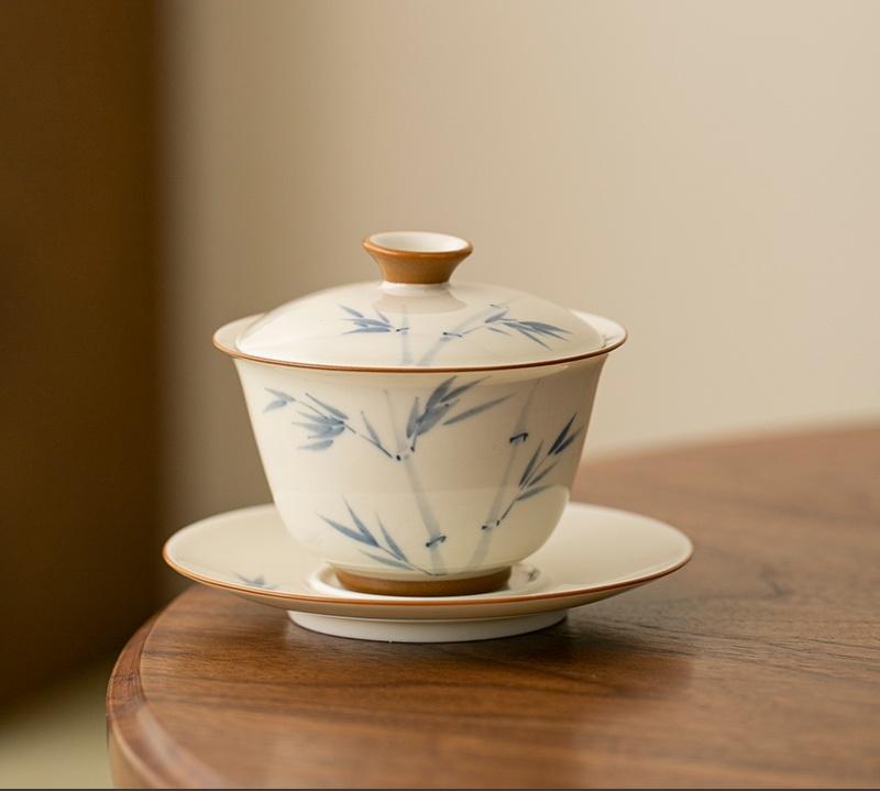120ml Hand-painted Persimmon Bamboo Cover Bowl Household Anti Scald Gaiwan Handmade Tea Tureen Tea Making Tea Cup Tea Items