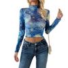 Spring Summer Women's Blue Printed Small Standing Neck Star Mesh Short T-Shirt
