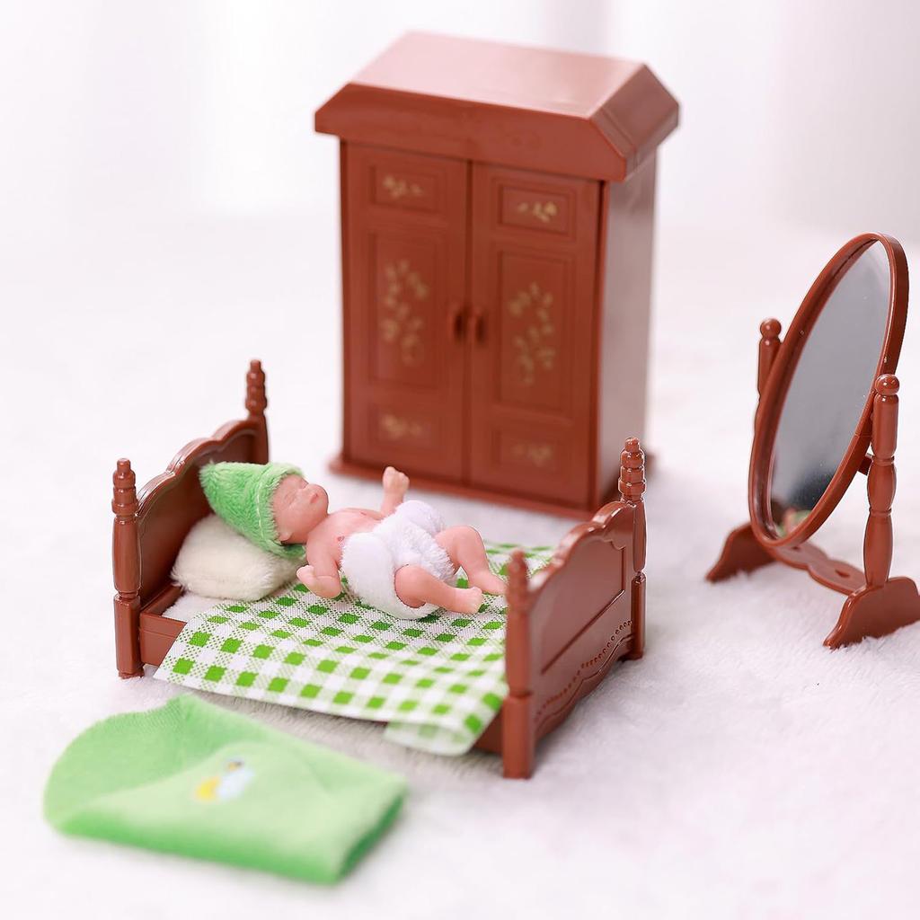 Miniature Silicone Reborn Baby Doll 3Inch Lovely Sleeping Newborns Doll with Furniture Accessories for Kids Roleplaying