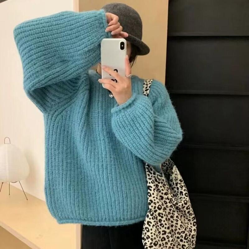 

Осенне-зимний толстый повседневный теплый женский вязаный свитер с длинным рукавом и круглым вырезом, женский трикотаж, топы, элегантные однотонные винтажные свитера 24784 One Size синий