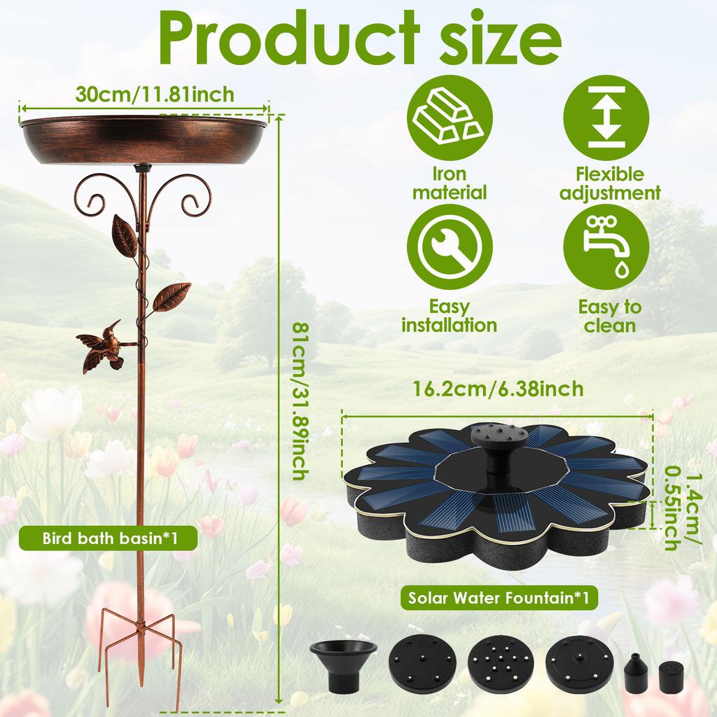 Solar Bird Bath Fountain Pump 81CM Iron Garden Birdbath Set Vintage Standing Birdbath Bowl Water Fountain for Outdoor Decoration