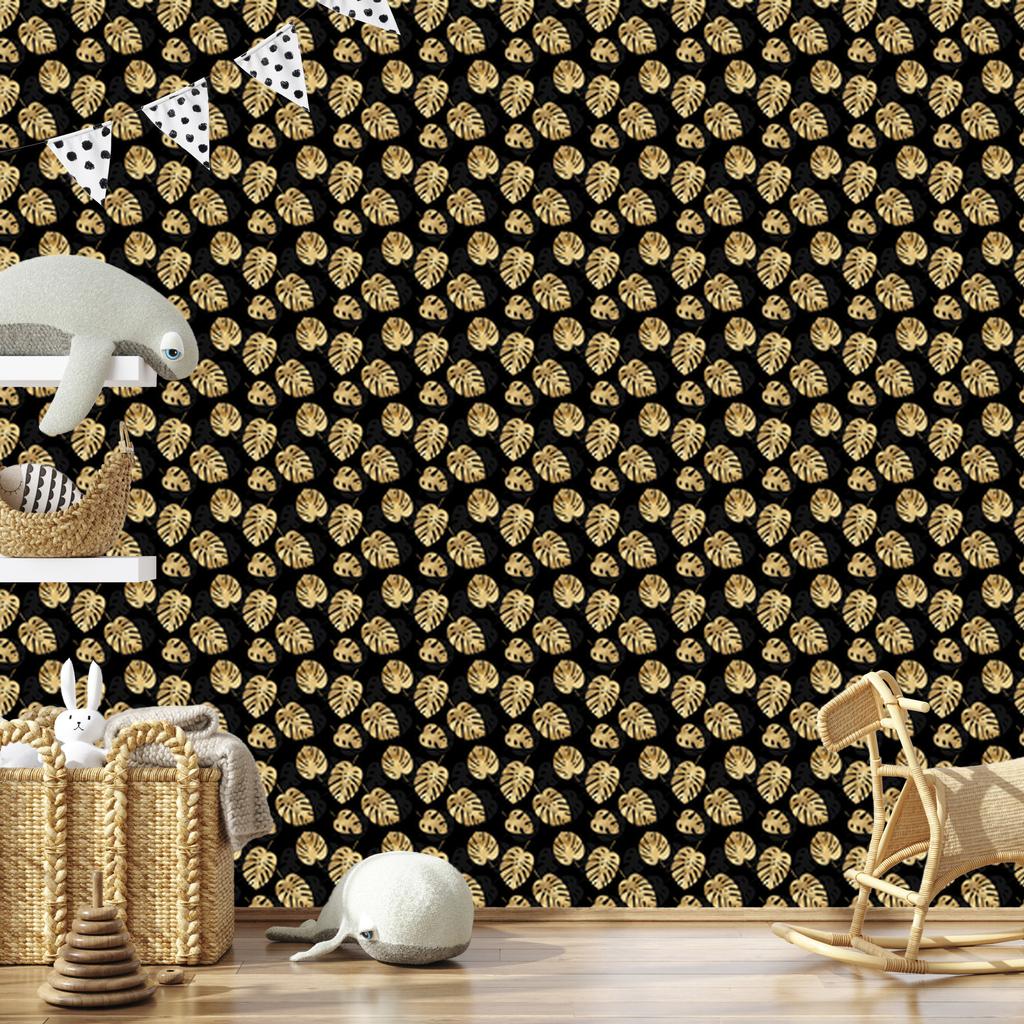 Black and Gold Tropical Pattern Wallpaper In Black, Ochre and Gold 50x1000