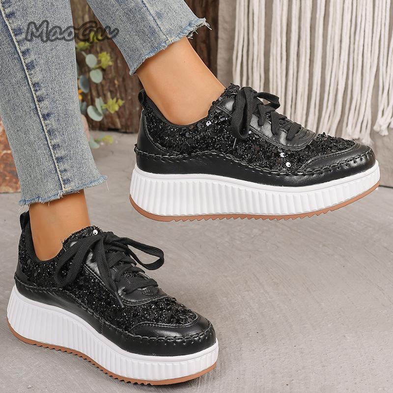Fashion Fashion Glitter Platform Sneakers for Women 2025 Spring Lace Up Pink Sports Shoes Woman Plus Size 43 Thick Bottom Walking Shoes