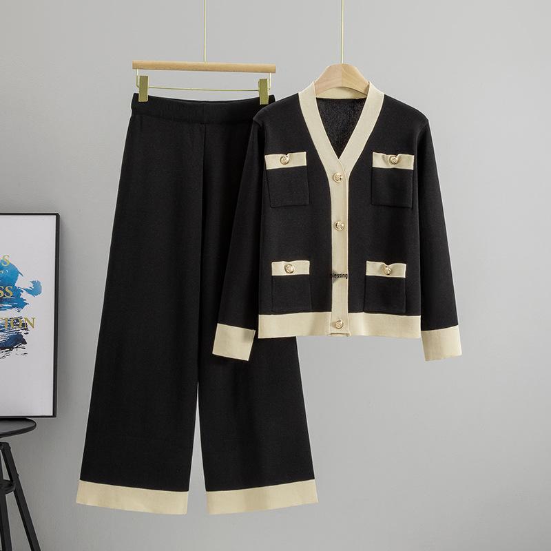 Koreanisches Frühherbst-Farbblock-Strick-Cardigan & Weitbeinige Hosen-Set für Damen - Lockeres V-Ausschnitt-Oberteil Außenbekleidung Zweiteilig