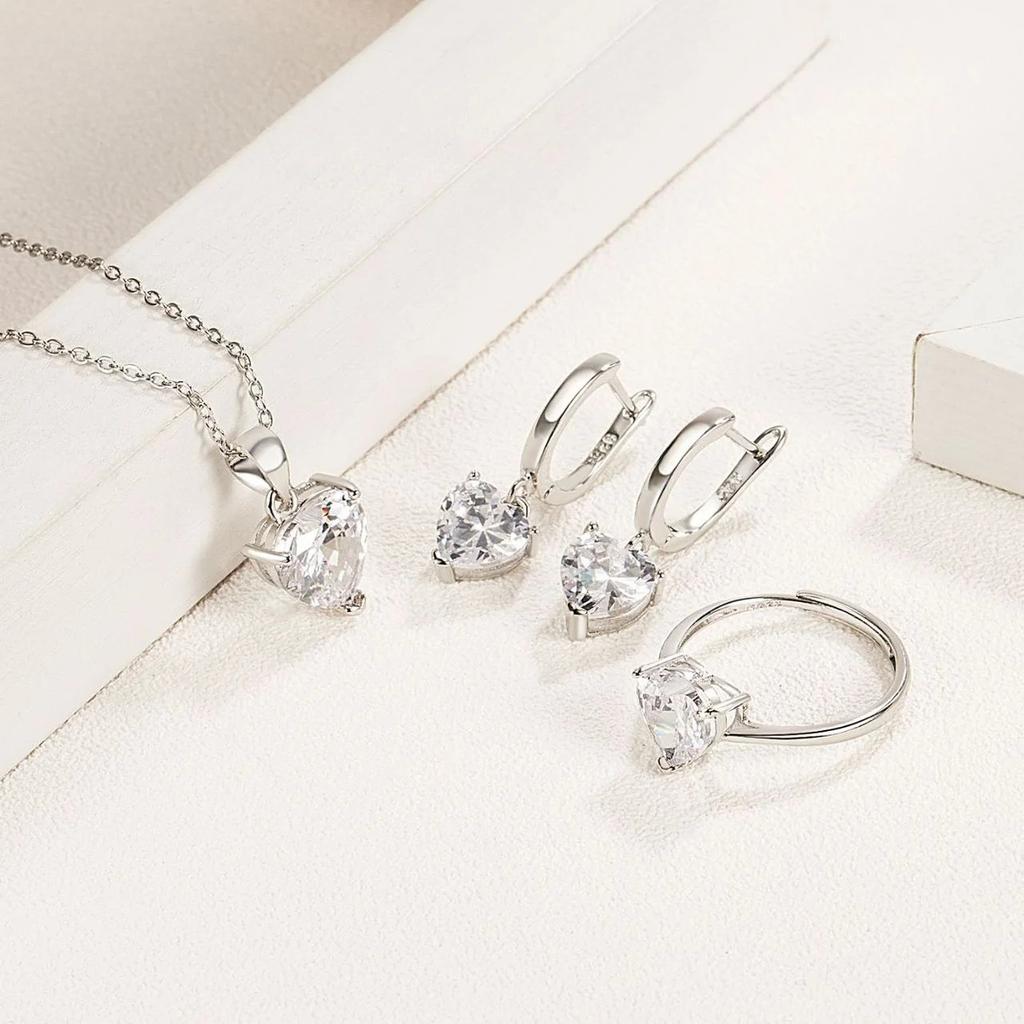 Fine   Copper Jewelry Gift Sets for Women Female Romantic Heart Zircon Huggie Earrings Pendant Necklace Ring