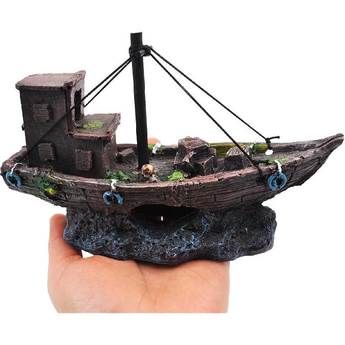 kathson Aquarium Shipwreck Decor Fish Tank Sunken Ship Ornament Pirate Shipwreck Decoration Resin Sunken Boat Betta Fish Sunken Ships Accessories for