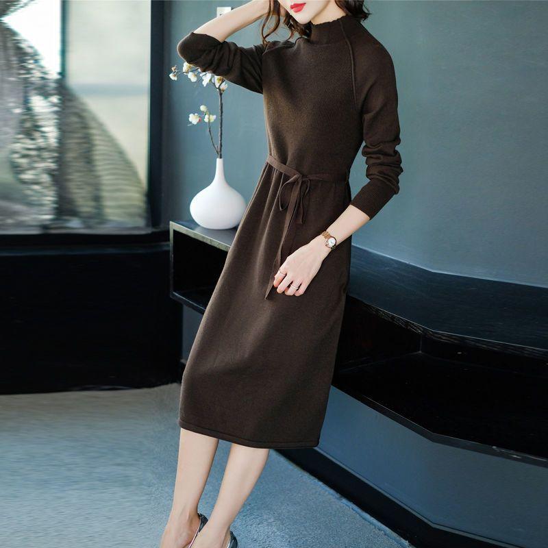 Casual Sweater Dress for Women Mid-length Turtleneck Knitted Sweater Large-sized Solid Color Pullover Long-sleeved Knitted Dress