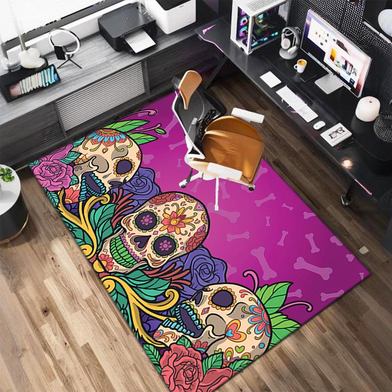 1 Stück Schädel Dunkel Gotisches Muster bedruckter Teppich für Wohnzimmer Schlafzimmer Zuhause Sofa Dekoration, Rutschfeste Fußmatte Bodenmatte