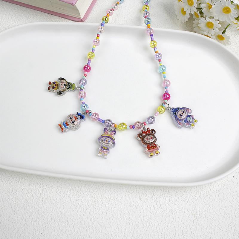 New Korean Version Transparent Resin Colored Bead Pull Cloth Necklace Cute Cartoon Pendant Accessory Chain Necklace