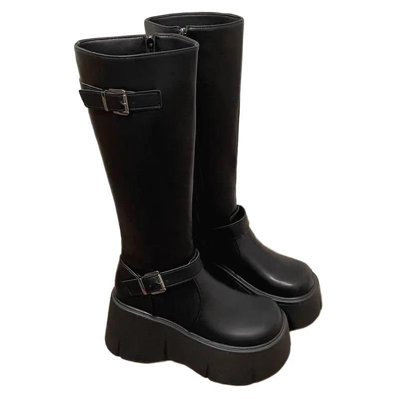 French Black Small Heightening Thick-soled Boots Winter New Retro Slim Tall Knight Boots