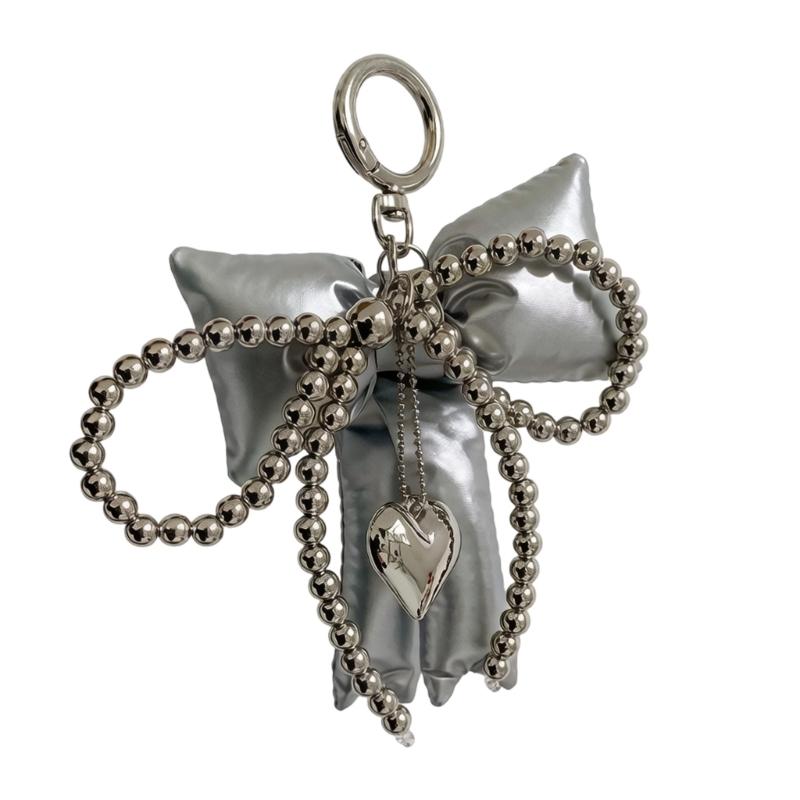 Elegant PU Leather Bowknot Keychain With Pearls And Silver Heart Charm For Women Girls Handbag Purse Accessories серебряный