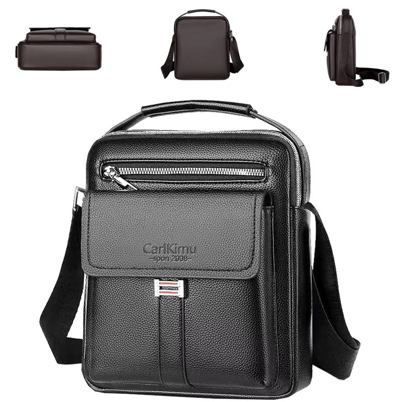 Men Multifunctial Leather Shoulder Bag Multi-Pocket Crossbody Messenger Bag Business Travel Handbag with Top Handle Black