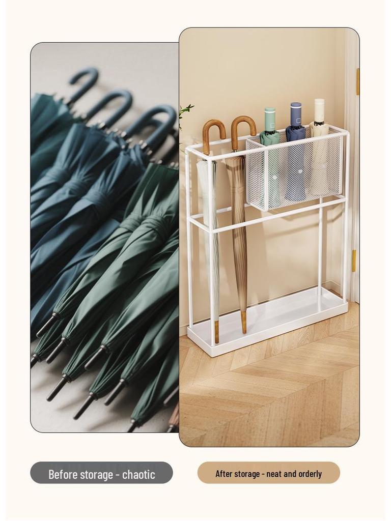 Wrought Iron Umbrella Stand: Compact Doorway Storage Rack & Draining Shelf