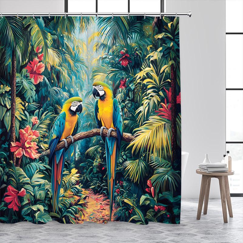 Tropical Jungle Parrot Shower Curtains Green Plant Leaves Flowers Birds Rainforest Scenery Polyester Home Bathroom Curtain Decor
