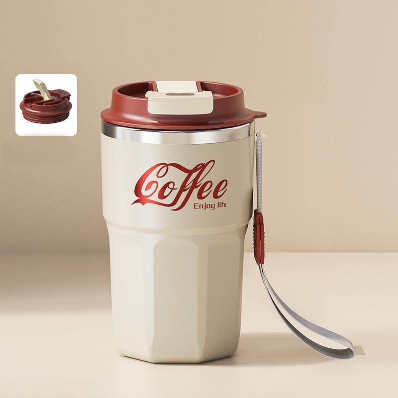 480ml Stainless Steel Coffee Mug with Straw & Lid, 304 Food Grade Double Wall Insulated Cup, Portable Travel Tumbler With Rope