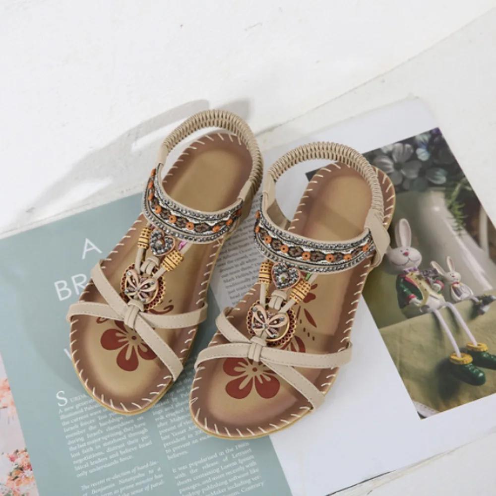 Flat Bottom Women's Sandals Summer Outwear Flower Water Diamond Sandals Open Toe Outward Wearing Beach Sandals for Women