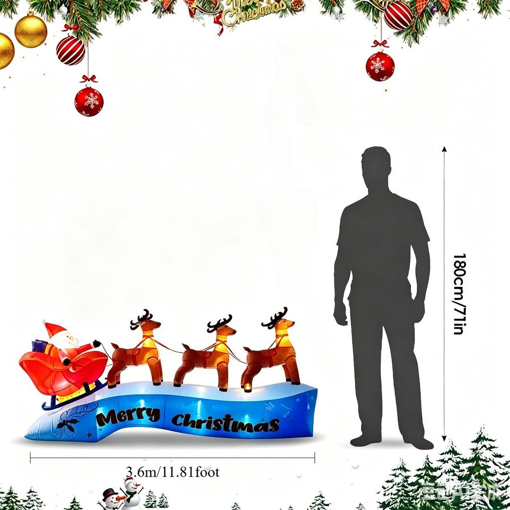 11.8FT/3.6M Inflatable Santa Claus Sleigh with 3 Reindeer Christmas Outdoor Yard Decoration