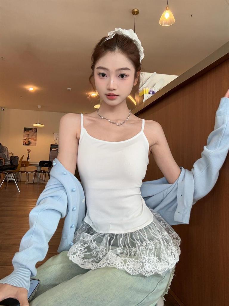 Summer Korean Color-Block Lace Trim Ballet Style Sweet Camisole Top