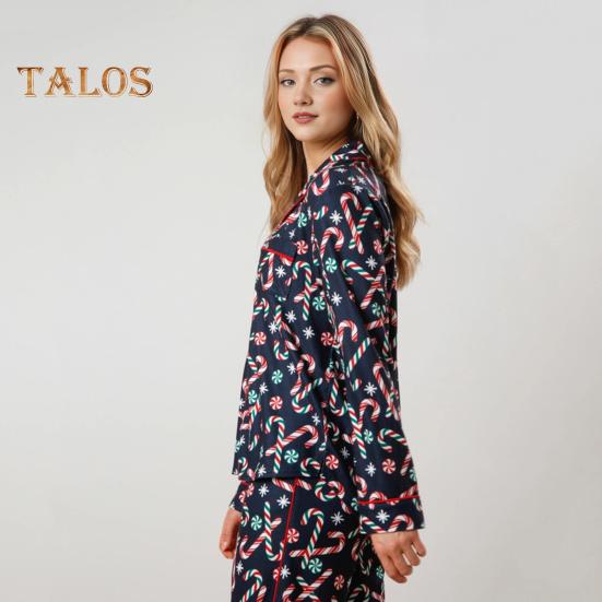 2 buc/set Set pijamale de Crăciun pentru femeie Moș Crăciun imprimeu rever cu mâneci lungi cămașă cu un singur piept, talie elastică, picior lat, îmbrăcăminte pentru casă, cămașă de noapte