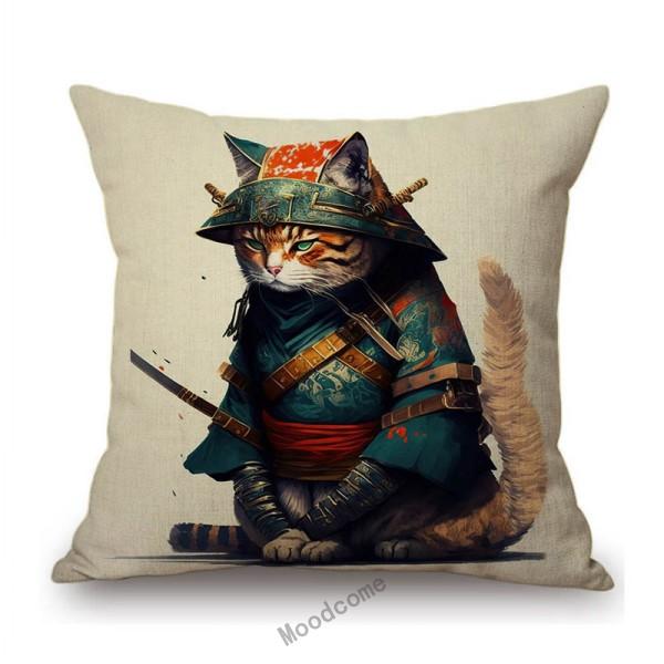 Funny Cute Cat Samurai Catoon Home Decorative Sofa Throw Pillow Case Cotton Linen Car Chair Cushion Cover
